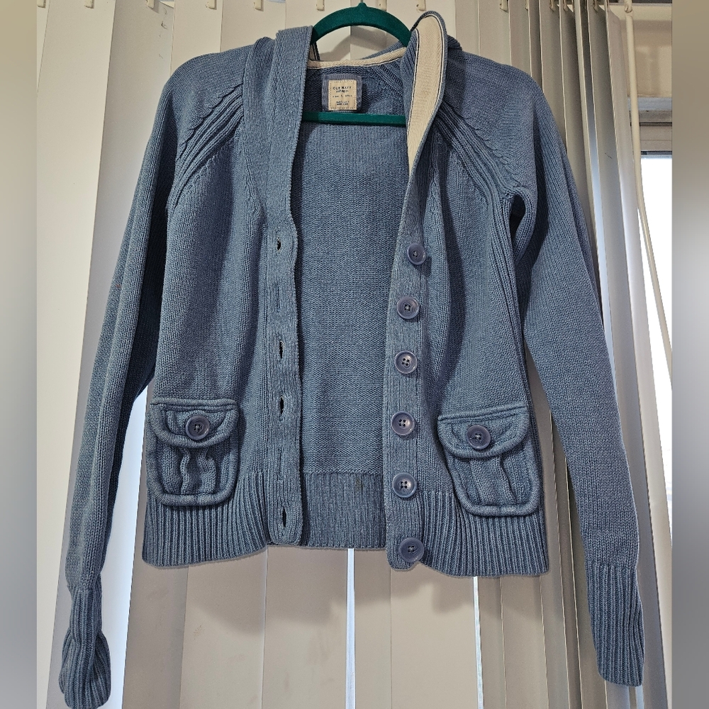 4/$20- Blue Button-Up Women's Sweater With Hood